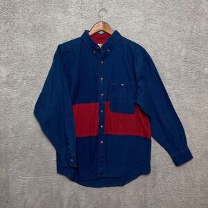 VTG On The Brink Button Down Shirt Men L Linen Cotton Colorblock Blue Red Retro